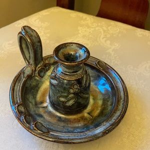 Artisan hand-thrown ceramic firefly candle stick, oil lamp signed Willey 2018